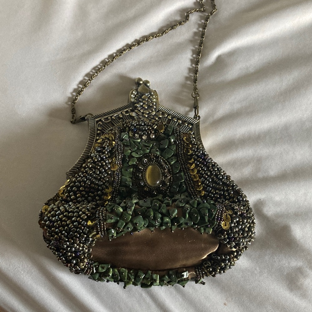 The Pyramid Collection Green and Gold Beaded Clutch